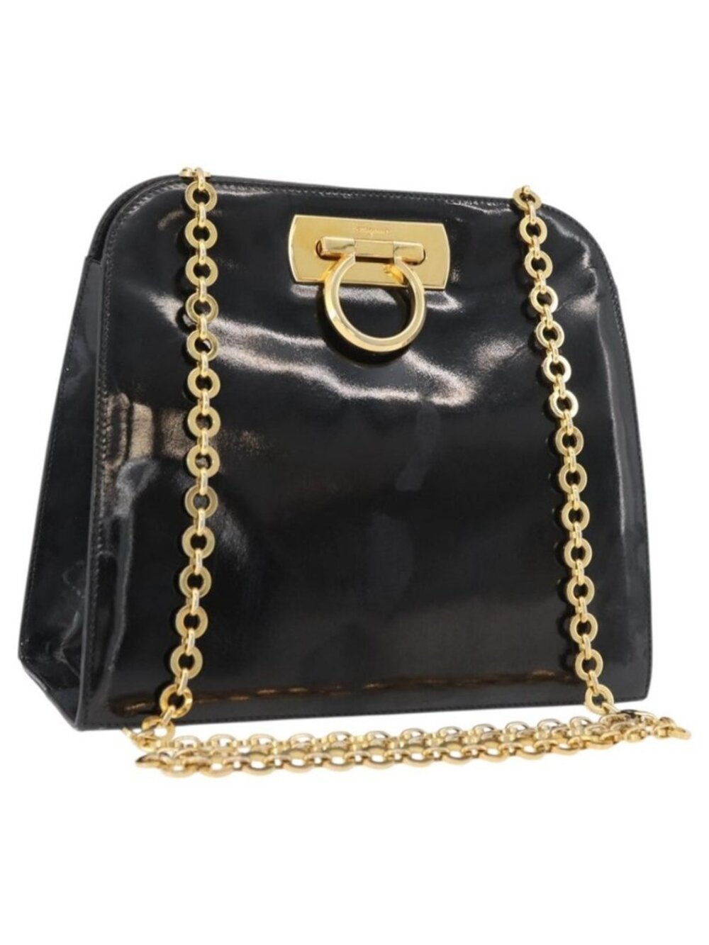 Authentic Salvatore Ferragamo Gancini Chain Shoulder Bag Patent Black Gold